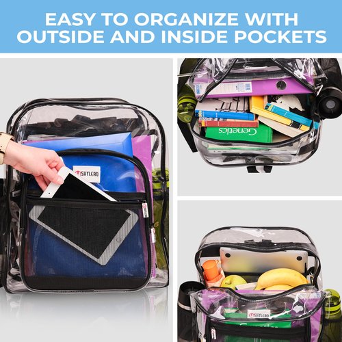 Clear Backpack Heavy Duty has TSA Lock, 2-Way Zipper. PVC Transparent Backpack X-Large - H18''xW14''xD8 - Black