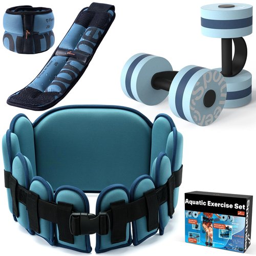 Sportneer Water Aerobics Pool Exercise Equipment Water Workout Combo Set Includes High Density Water Dumbbell Aqua Belt Water Ankle Weights for Aquatic Therapy Pool Fitness Water Exercise Blue