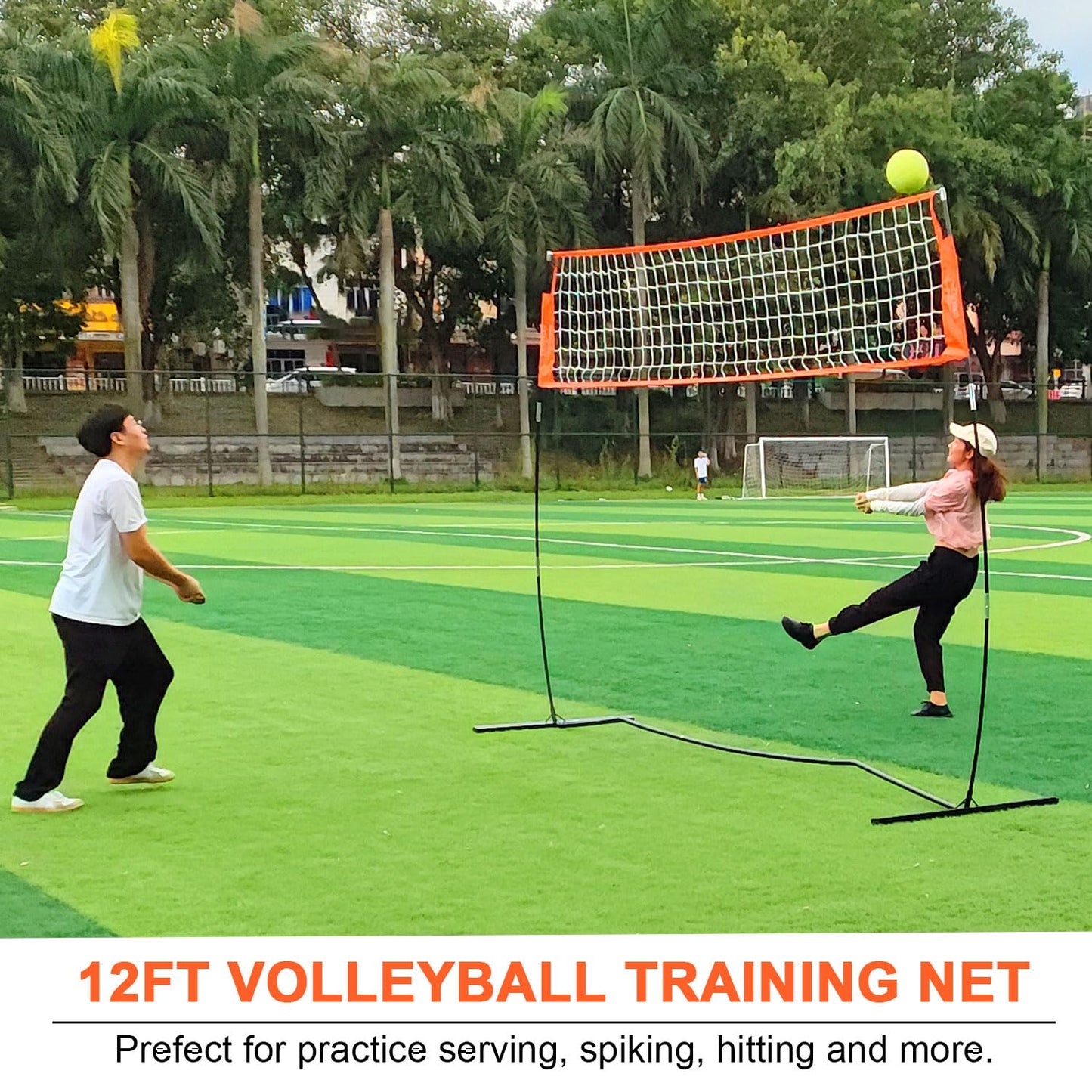 12FT Portable Volleyball Training Net for Hitting or Serving Drills, Outdoor & Indoor Freestanding Volleyball Practice Net with Height Adjustable, Glow in Dark Ball, Carry Bag