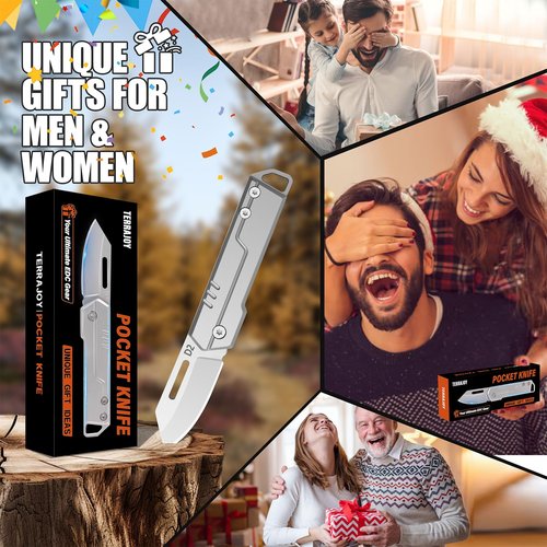 TerraJoy Small Pocket Knife Gifts for Men Him Dad Husband, Keychain Folding Knife for Everyday Carry, Lightweight Edc Gadgets for Camping, Hiking Fishing and Outdoor (Grey)