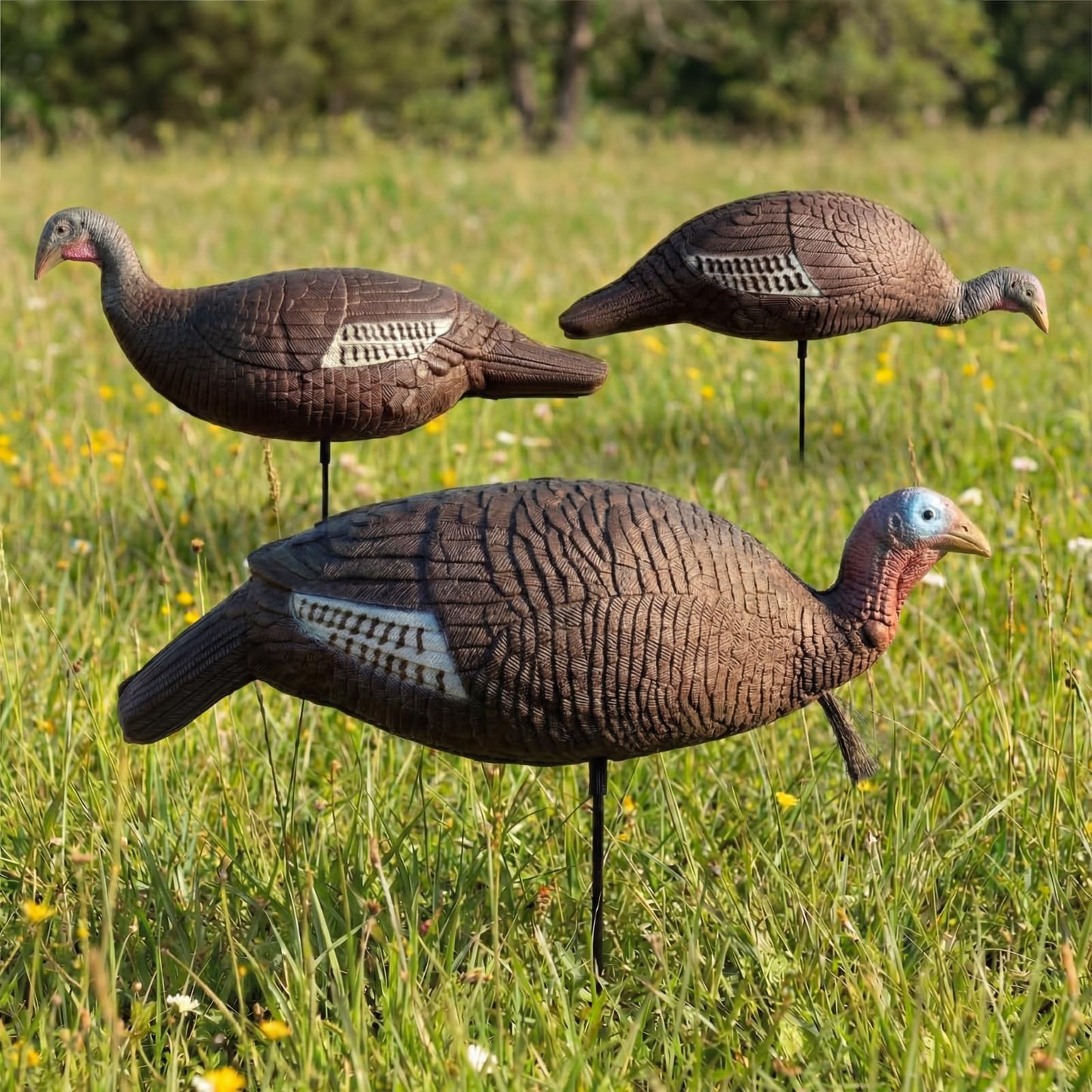 Poen 3 Pack Turkey Decoys Collapsible Hunting Combo Decoy Standing Lifelike Turkey Decoys Realistic Hunting Hen and Jake Decoy with Foldable Stake for Field Forest Wood Ground Outdoor