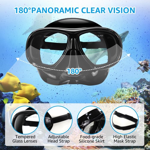 Snorkeling Gear for Adults, Snorkel Mask Adult Set Wide View Scuba Mask Anti-Leak and Anti-Fog Tempered Glass Lens Dry Top Mask Nose Cover for Youth (Black)