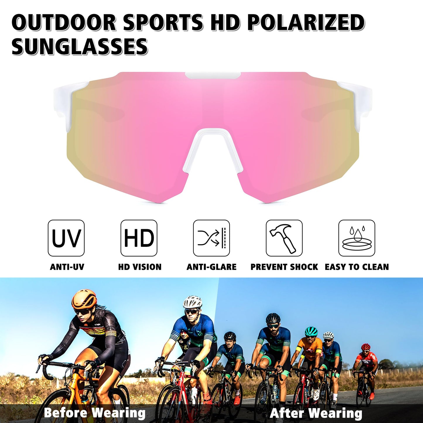 STORYCOAST Sports Polarized Sunglasses for Men Women Fishing Cycling Driving Baseball Bike Sunglasses UV400 Protection White Frame/Pink Mirror Lens