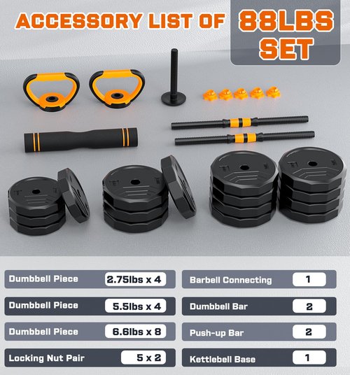 5-in-1 Adjustable Dumbbells, 88lbs Free Weights Set with Connector, Used as Kettlebells, Barbell, Push up Stand, Standard 1" Plates, Fitness Exercises for Home Gym Suitable Women/Men