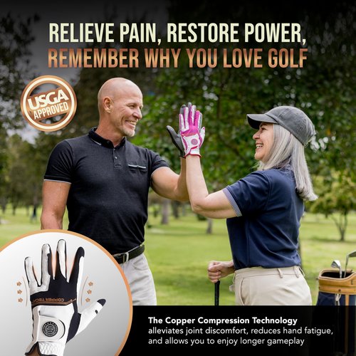 Copper Tech Golf Gloves Men Right Handed Golfer & Left Handed Golfer (2 Pack) | Copper Compression Joint Support | Flexible & Comfortable Fit with Premium Leather | Tacky Reinforced Palm Pad with Grip