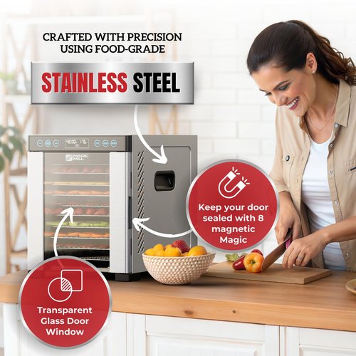 Magic Mill Pro Food Dehydrator Machine | 10 Stainless Steel Trays | Dryer for Jerky, Dog Treats, Herb, Meat, Beef, Fruit | Keep Warm Function, Digital Timer and Temperature Control, ETL Approved (Renewed)