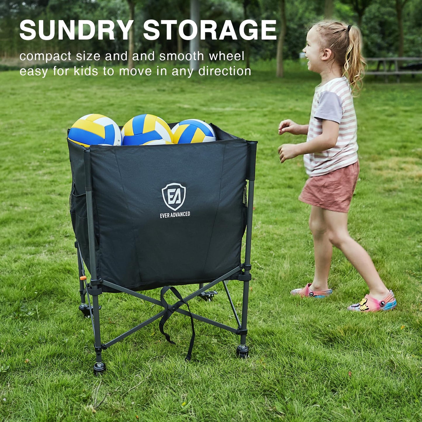 EVER ADVANCED Rolling Ball Storage Cart Lockable Wheels, 33x22.8in/45x25in Collapsible Garage Sports Equipment Organizer for Volleyball Basketball Tennis Toy Storage Multi-Sport Family Gym