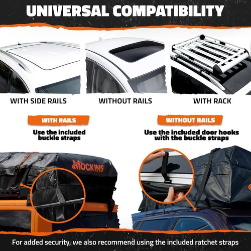 Mockins 35 Cu.Ft. Black Waterproof Rooftop Cargo Carrier Bag | 60"x42"x24" Car Roof Bag for Use with or w/o Roof Rack | Car Topper Luggage Carrier Waterproof Storage Set w/Mat, Straps, Hooks, & More