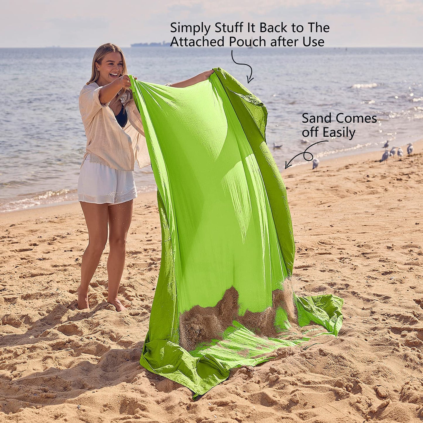 WEKAPO Beach Blanket - Sandproof Waterproof Extra Large Beach Mat | Oversized Sand-Free Lightweight Quick-Drying | Beach Vacation Essentials with Stakes & Corner Pockets (Green, 9x7 FT)