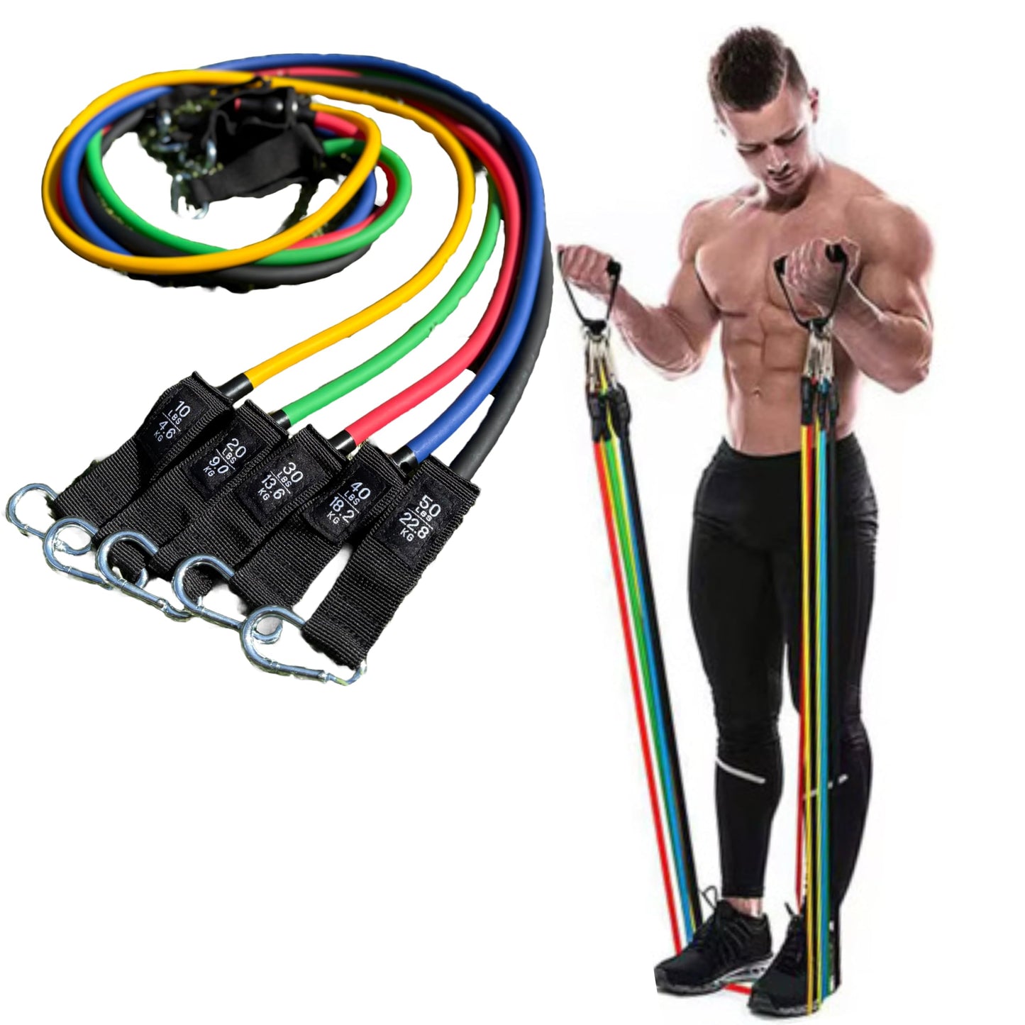 Moss Performance Premium Long Tube Resistance Bands with Handles, Set of 5 Strengths with Carrying Bag, for Men and Women, Strength Training Home Gym Workout Equipment