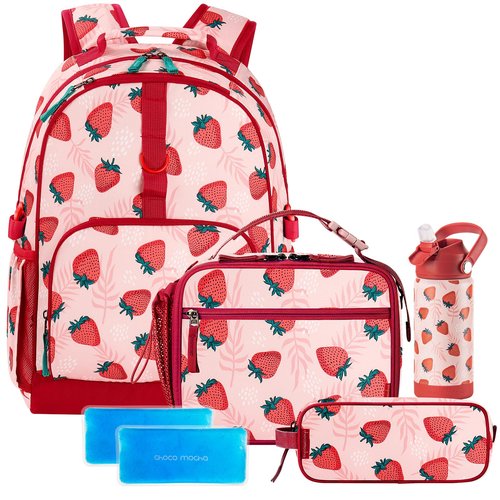 Choco Mocha Strawberry Backpack School Backpack Set for Girls, Kids Backpacks and Lunch Box Set with Water Bottle Elementary School 17 Inch Bookbag, Pink