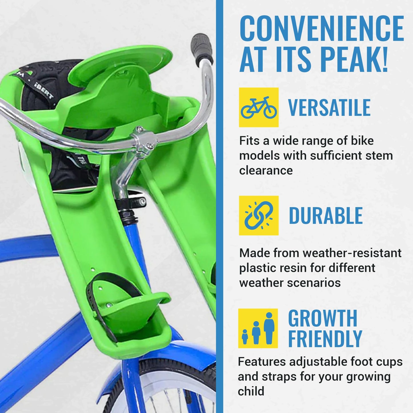 iBert Front Mounted Child Seat - Green - Comfortable Child’s Bike Seat for Sunny and Rainy Days - Baby’s Bike Seat with a Secure Harness and Height Adjustable Foot Cups for Family Biking Adventures.