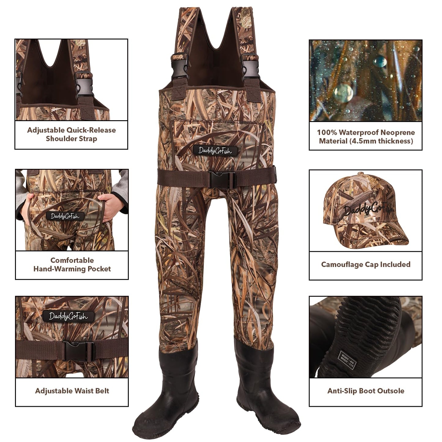 DaddyGoFish Neoprene Chest Waders for Kids and Adults, BootFoot, Fishing & Hunting with a Camouflage Caps, and a Wader Hanger