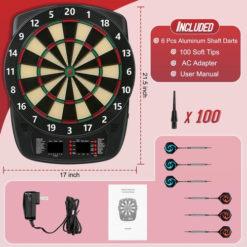 Electronic Dart Board, Soft Tip Dartboard Set 40 Games, 427 Variants Digital Electric Dart Boards with Colorful LED, 6 Darts, 100 Tips, Power Adapter