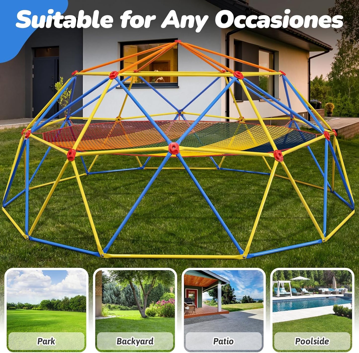 10FT Climbing Dome with Climbing Cargo Net, Outdoor Jungle Gym for Kids- Supports 1000LBS-Anti-Rust Metal Outdoor Play Structure ASTM Approved, Easy Assembly