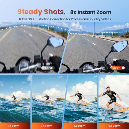 Euorosi 4K 60FPS 48MP WiFi Action Camera with Touch Screen, 50FT Underwater Waterproof Camera, No Case Needed, EIS Motorcycle Camera, 8X Zoom, 64GB Card, Remote Control, Batteries & Mounting Kits