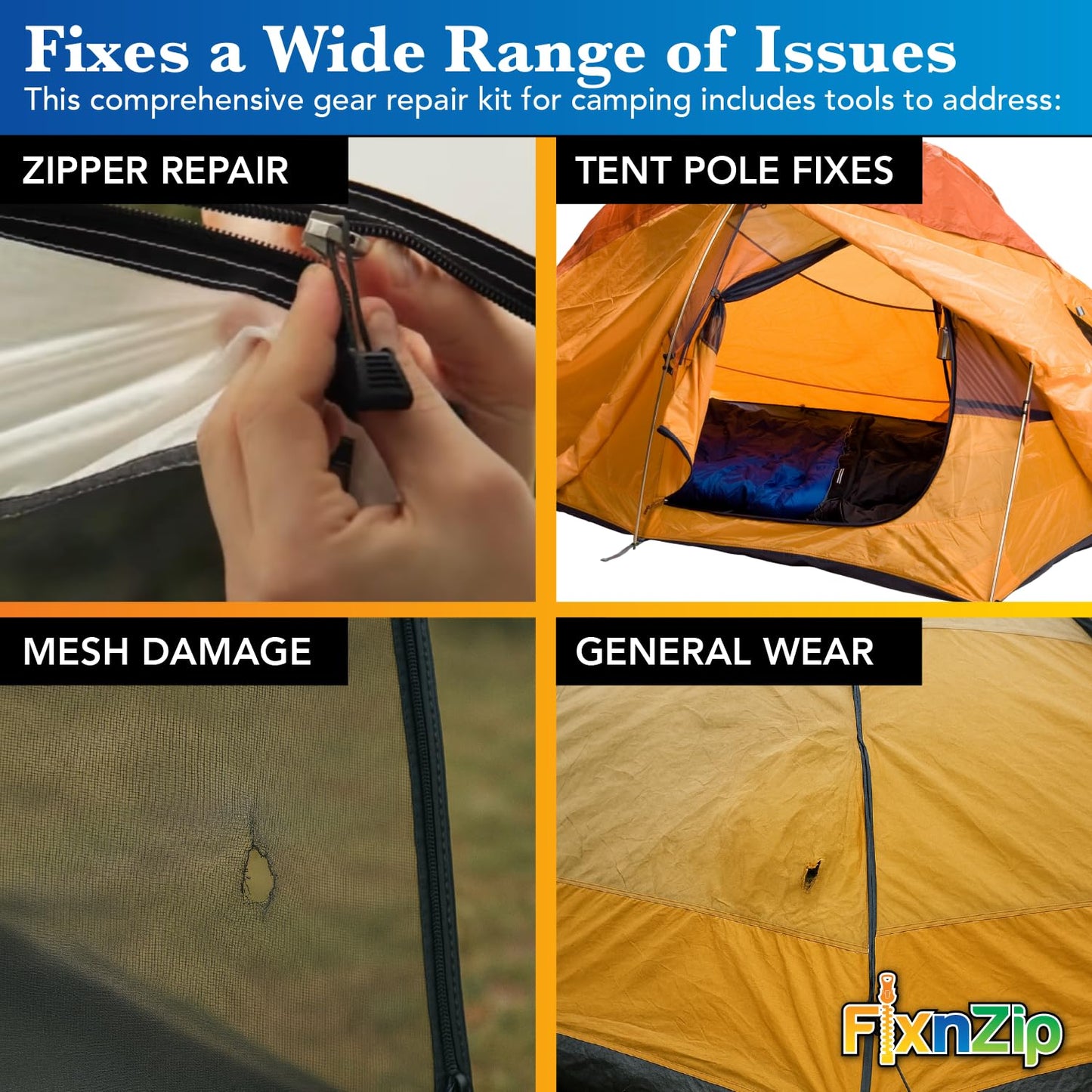 FixNZip FixATent Premium | Complete Tent Repair Kit with Zipper Slider, Pole Splints, Shock Cord, Screen Patches, Fabric Tape, Stakes, Guy Rope & Waterproof Dry Bag | Full Camping Gear Emergency Kit