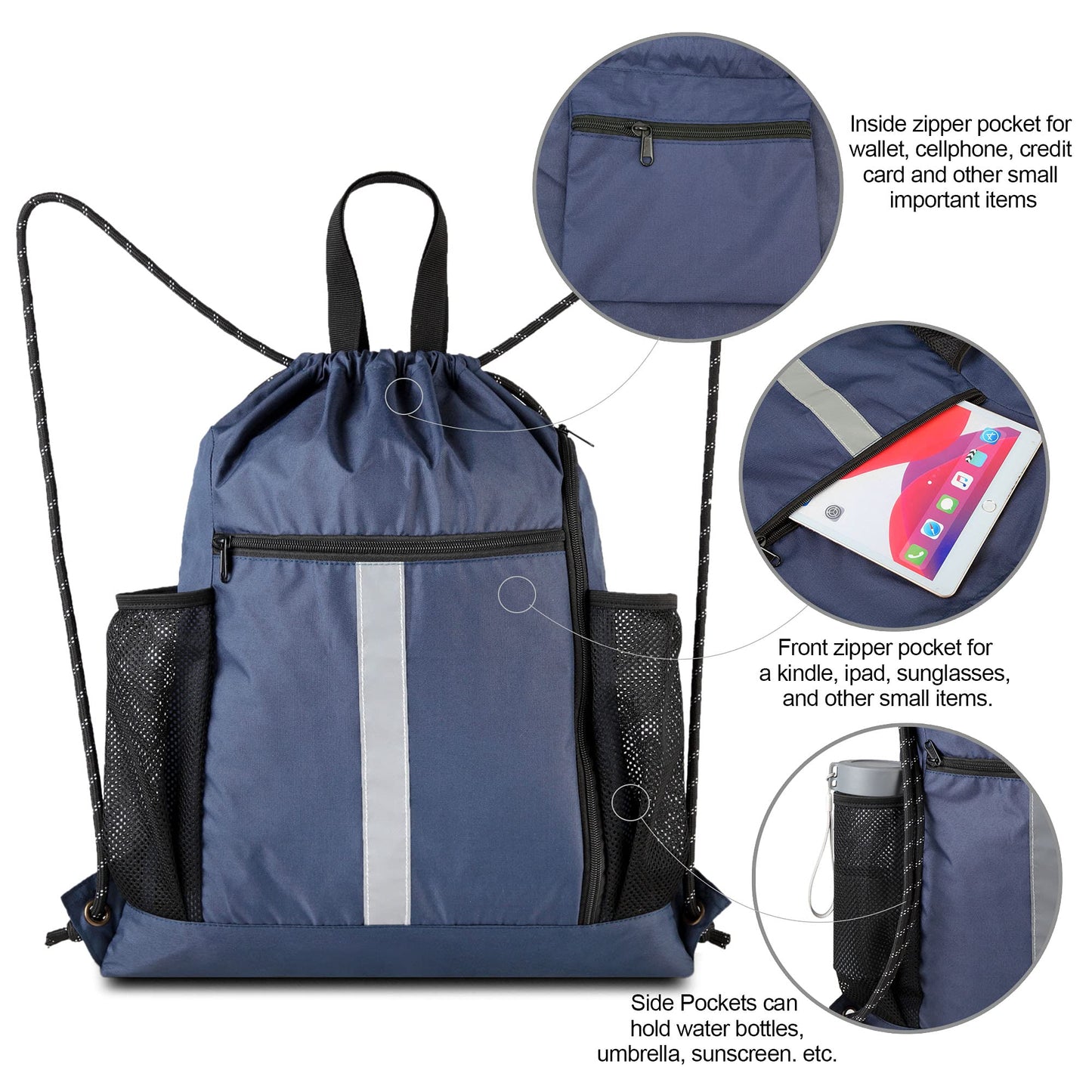BeeGreen Gym-Drawstring-Backpack-Bag With Shoe Compartment and Two Water Bottle Holder Large String Backpack Sports Bag Athletic Sackpack For Men Women