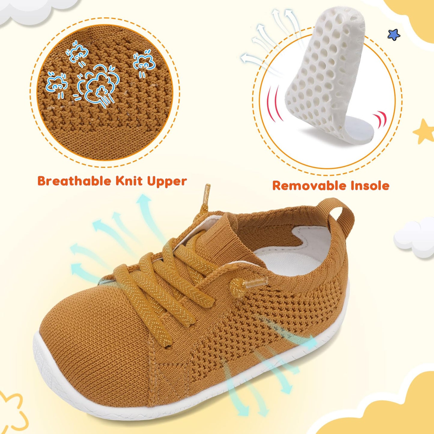 LeIsfIt Toddler Walking Shoes Boys Girls Slip-On Barefoot Shoes Kids Breathable Sneakers Non-Slip Lightweight Tennis Shoe Brown 4-5 Toddler