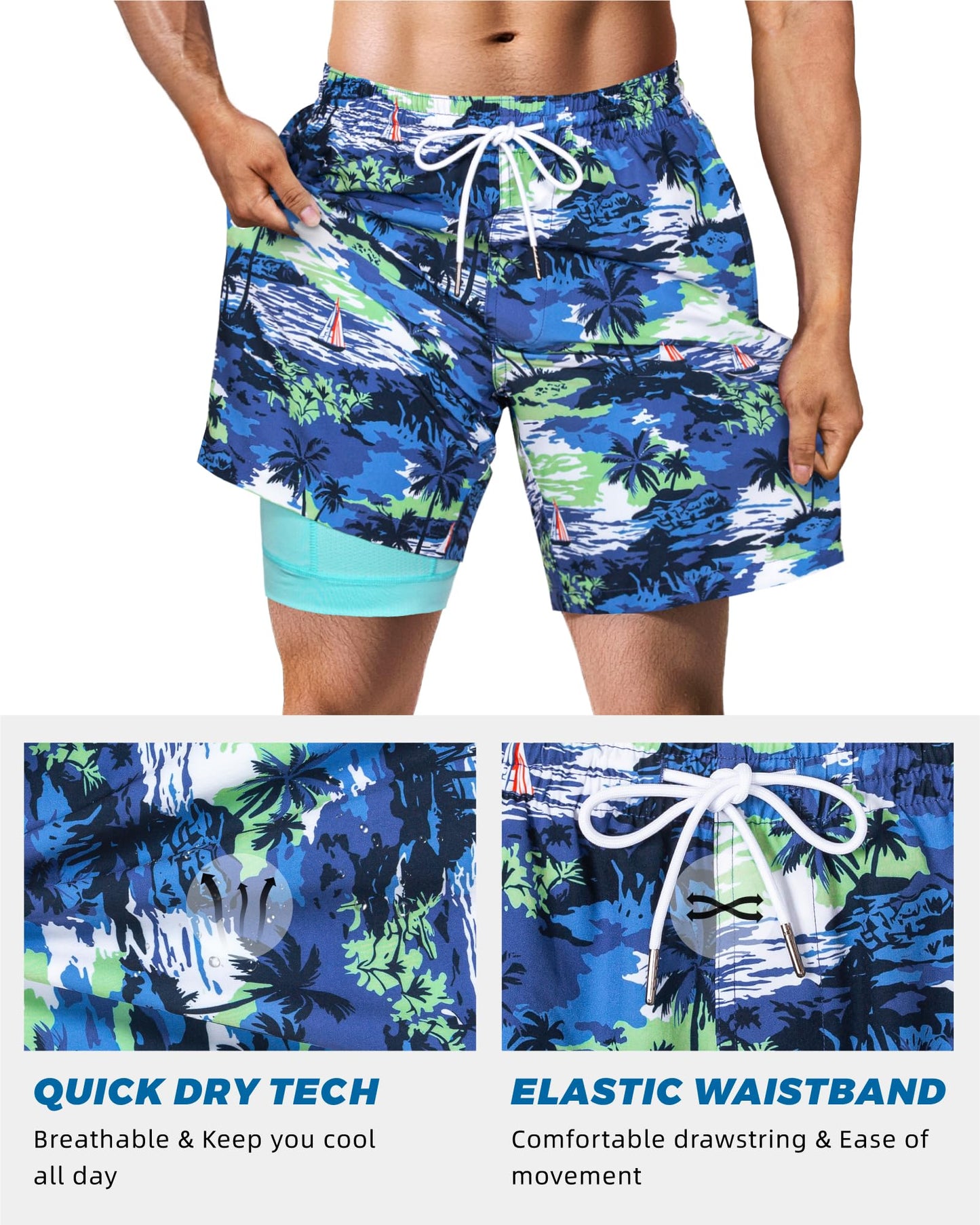 SURF CUZ Mens Swim Trunks with Compression Liner Quick Dry Swim Shorts 7" Swimming Trunks Stretch Bathing Suit 7 Inch,Blue Sea,XS