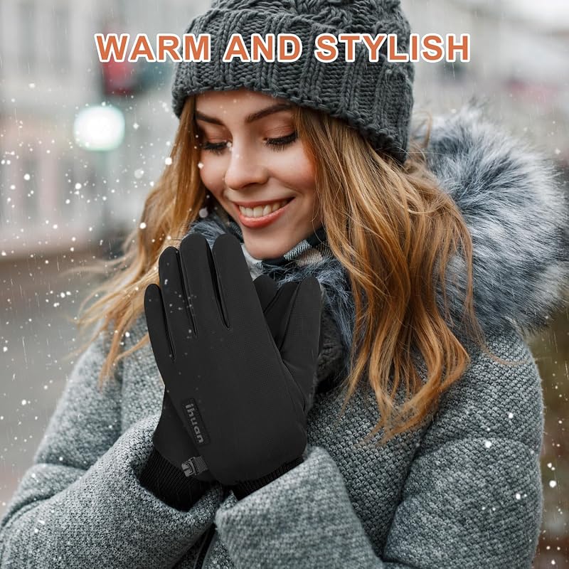 Winter Waterproof Touchscreen Gloves for Men Women - Warm Fleece Lining, Windproof, Black Large