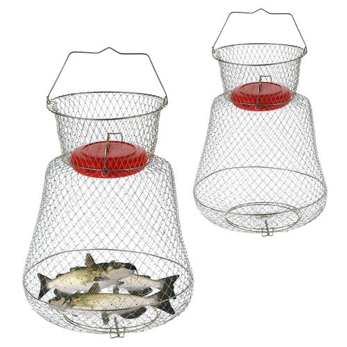 AMGSH 2 Pack Floatable Galvanized Steel Wire Fish Baskets, Collapsible Caget for Live Caught Fish, Portable Fishing Basket Wire Fishing Net Cage