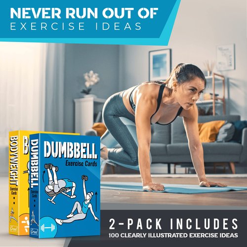 [2-PACK] Bodyweight & Dumbbell Workout Cards - Large Size 5" x 3.5" Exercise Cards Deck with 100 Different Exercises, Perfect for Circuit Training & Weightlifting - Fitness Cards for Women & Men