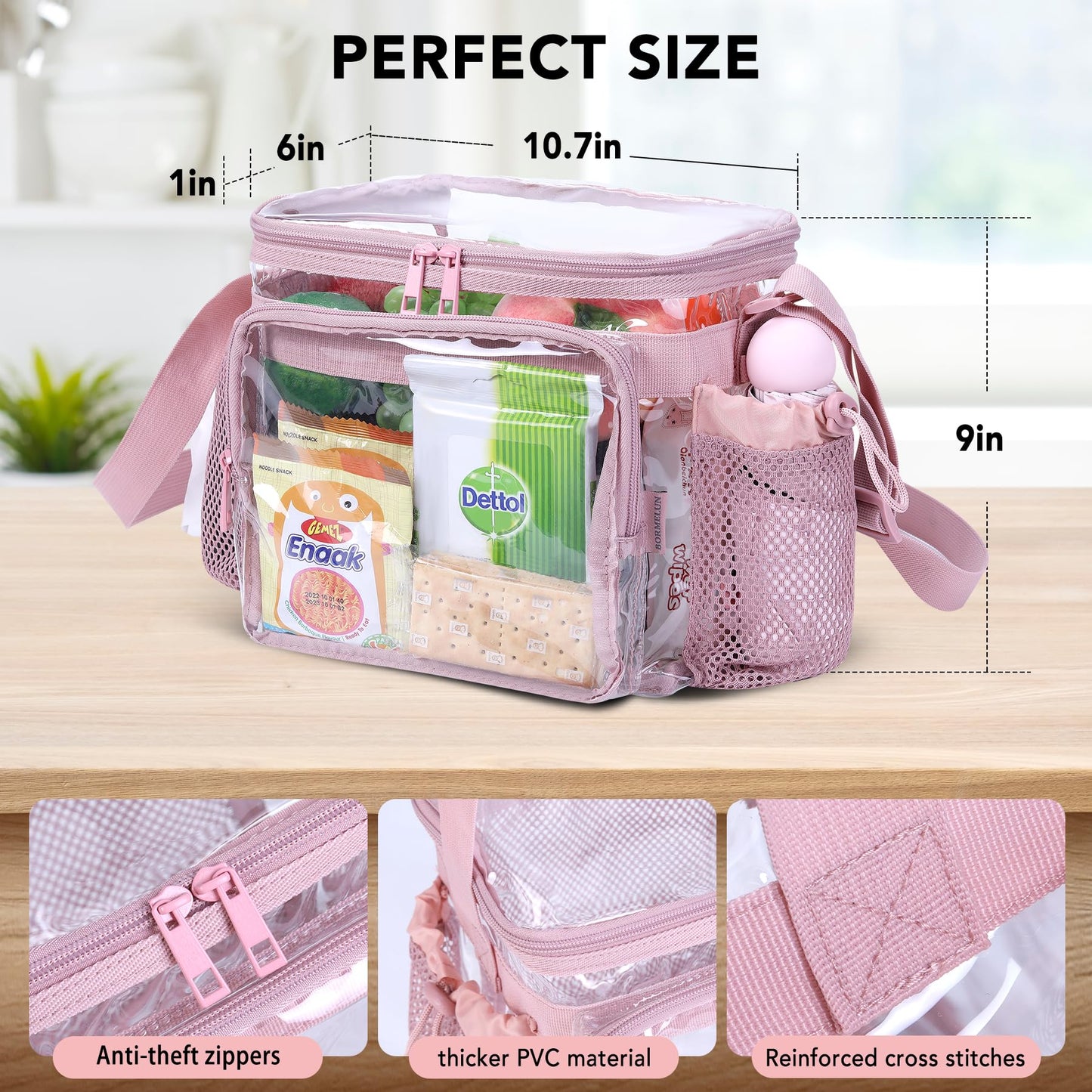 BORMELUN Clear Lunch Bag for Work - Heavy Duty Transparent Lunch Box for Men and Women - Stadium Approved for Correctional Officers Plastic Lunch Bag (pink)