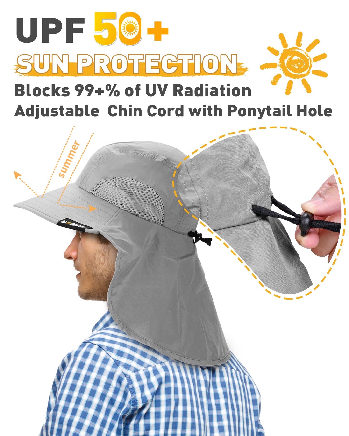 Tirrinia Neck Flap Sun Hat, Wide Brim Hiking Safari Fishing Hat for Men&Women, Breathable Outdoor Sun Protection Hat for Summer Adventures Gray