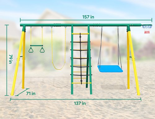 6-in-1 Swing Set for Backyard, Heavy Duty Metal Toddler Outdoor Swing Set Playset, Includes Basketball Hoop, 2 Swings, Trapeze Bar, Climbing Ladder and Nets