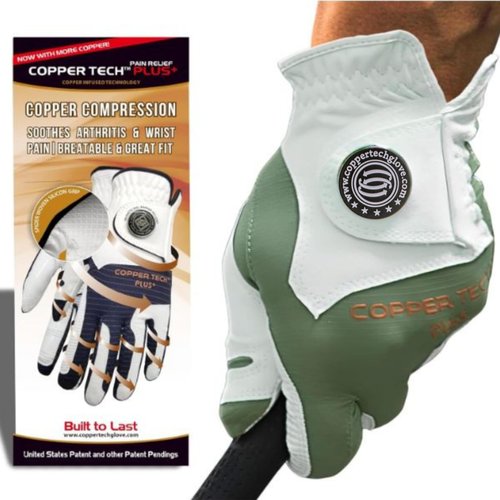 Copper Tech Plus Men?™s Copper Infused Golf Glove ??White/Hunter Green ??Compression Fit, Arthritis Friendly, Non-Slip Grip, USGA Approved, One Size/Left Hand
