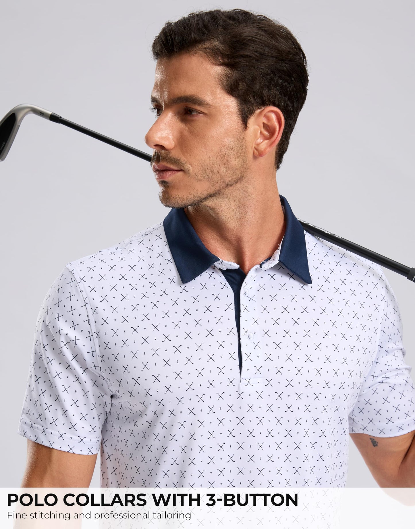 Men's Golf Shirt Short Sleeve Dry Fit Polo Moisture Wicking Print Collared Golf Shirts for Men Casual Lightweight(Golf Clubs White,L)
