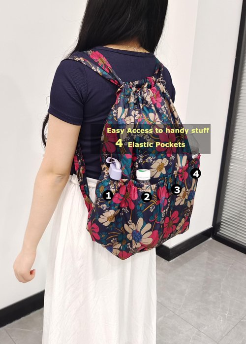 YUNZLAN Floral Large Drawstring Backpack with 4 Pockets String Swim Gym Bag for Women Lightweight Cinch Bag Travel and Daily Use