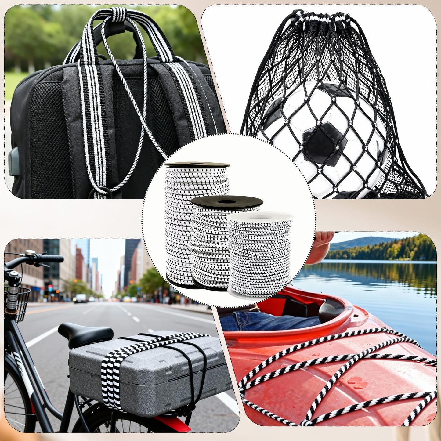 Bungee Cord Roll 3/32 Inch x 100 Feet, White Black Heavy Duty Elastic Shock Cord Nylon Stretch String Kayak Bungee Rope for Luggage, Camping, Kayak, Tent Pole, Tie Downs (3/32" x 100ft)