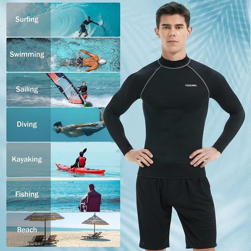 Mens Rash Guard Long Sleeve UPF 50+ Swim Shirt with Black-Grey Variation 6 Medium