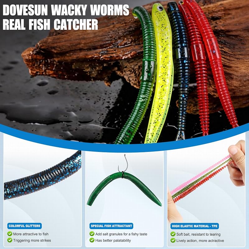 Plusinno 220PCS Wacky Worm Fishing Lure Kit with Tackle Box - Soft Plastic Lures, Hooks & Weights