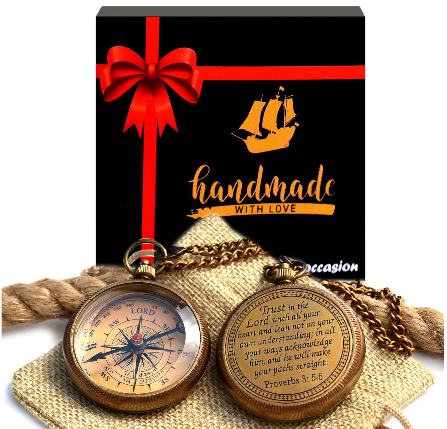 Trust in the Lord-Proverbs 3: 5-6 Quote Engraved Compass, Greeting Card, Hiking Backpacking Compass-Boy Scout Compass for Kids-2026 Graduation Day Gifts-Baptism Gifts Compass for Women Mens Boy Girls
