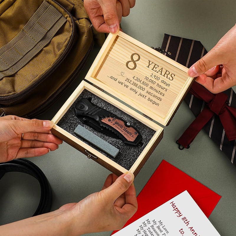 8 Years Anniversary Engraved Folding Knife for Him - 8th Wedding Gift in Olive Wood Box