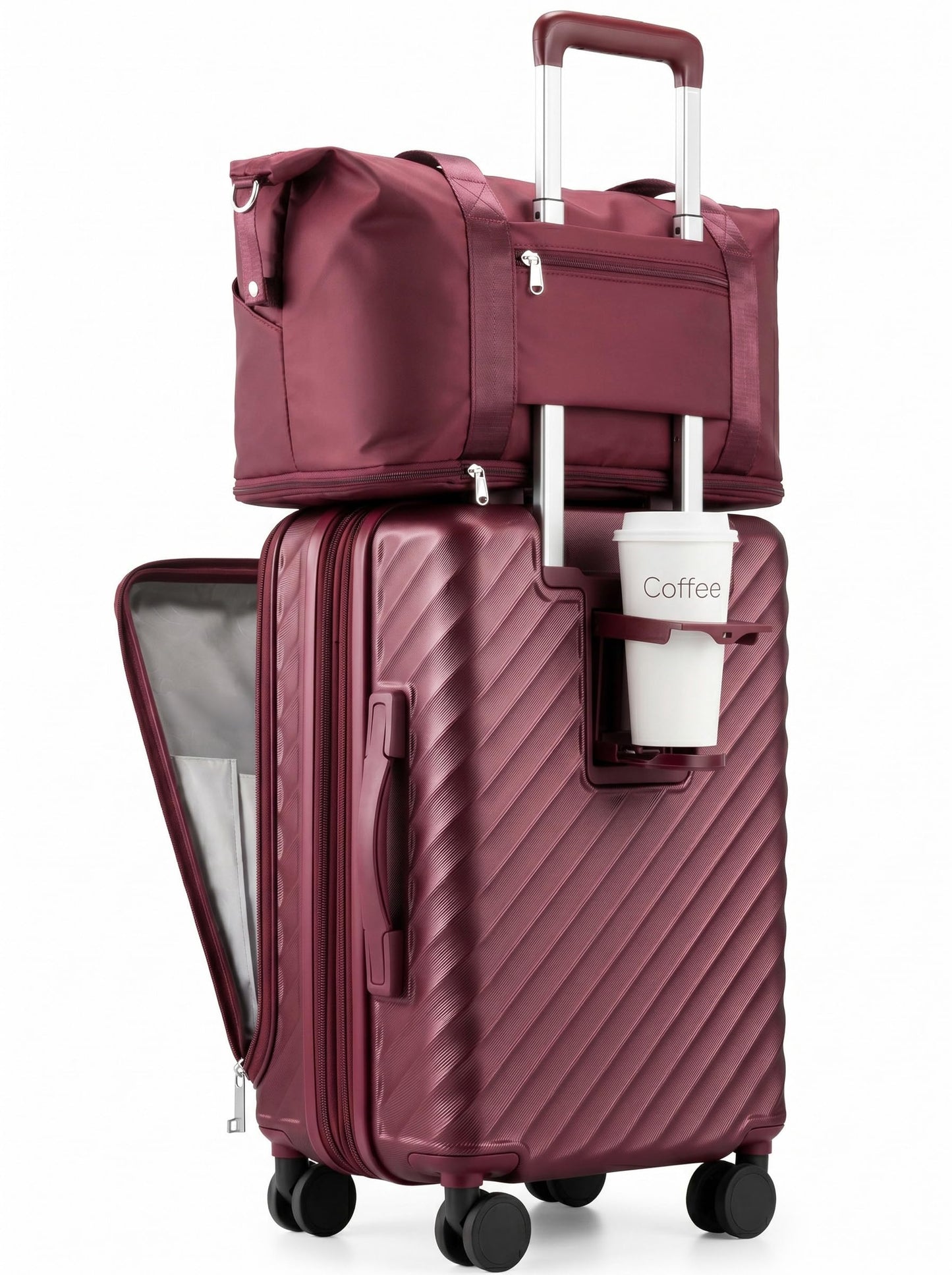 Carry On Luggage with Front Compartment and Cup Holder, KVF Expandable PC Hard Shell Suitcase with Front Pocket (FX-Plus, Ruby Red, 2-Piece (20/Tote))