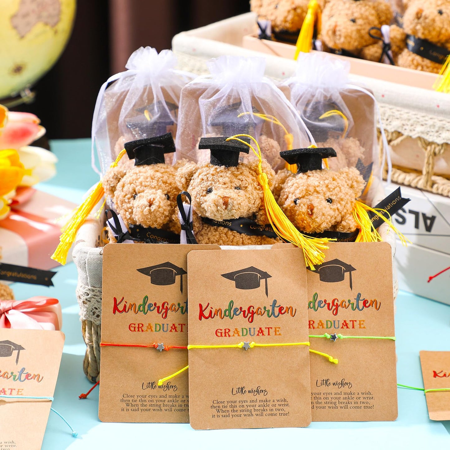 Motionchic 50 Pcs 2026 Kindergarten Graduation Bear Bulk Set with 25 Graduation Gift Mini Stuffed Bears 25 Wish Bracelet Organza Bag Card for Kid Child Kindergarten Class of 2026 Party Favors(Black)