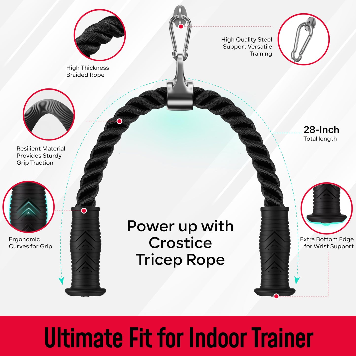 Crostice Tricep Rope Compatible with Tonal Machine, Tricep Pull Down Attachment with Ergonomic Comfort Grips, Accessory for Smart Home Gym & Cable Machine, Wrist Support Base, Soft Rub & Heavy Duty