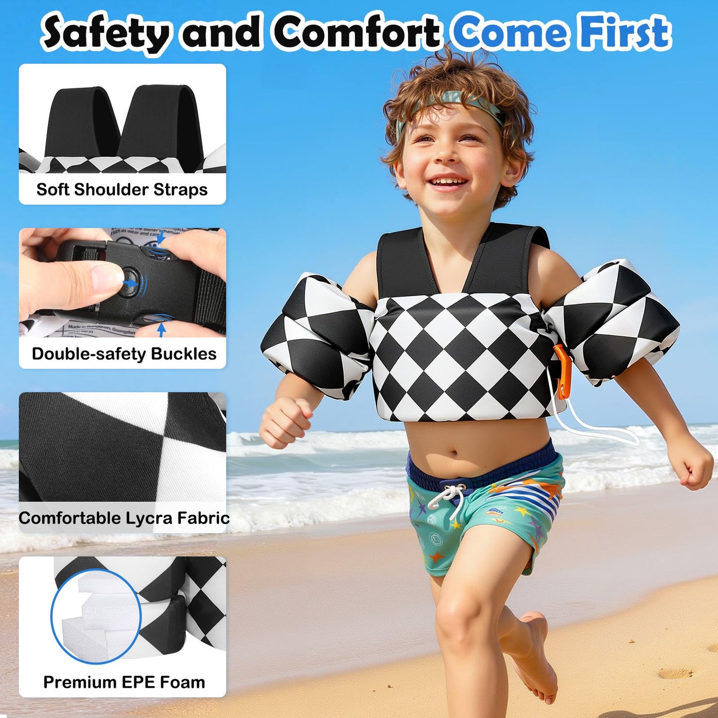 MoKo Toddler Swim Vest for Kids, Swim Arm Floaties 22-66lbs Cartoon Swimming Water Wings Pool Float Vests Sleeves Shoulder Straps Arm Band for Children Learn to Swim, Black Rhombus