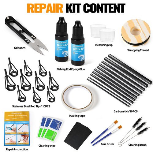 PLUSINNO Fishing Pole & Rod Repair Kit,Complete Supplies for Fishing Pole Tip Replacement with Epoxy Glue,Carbon Fiber Sticks,Top Eyelets and Wrapping Thread.