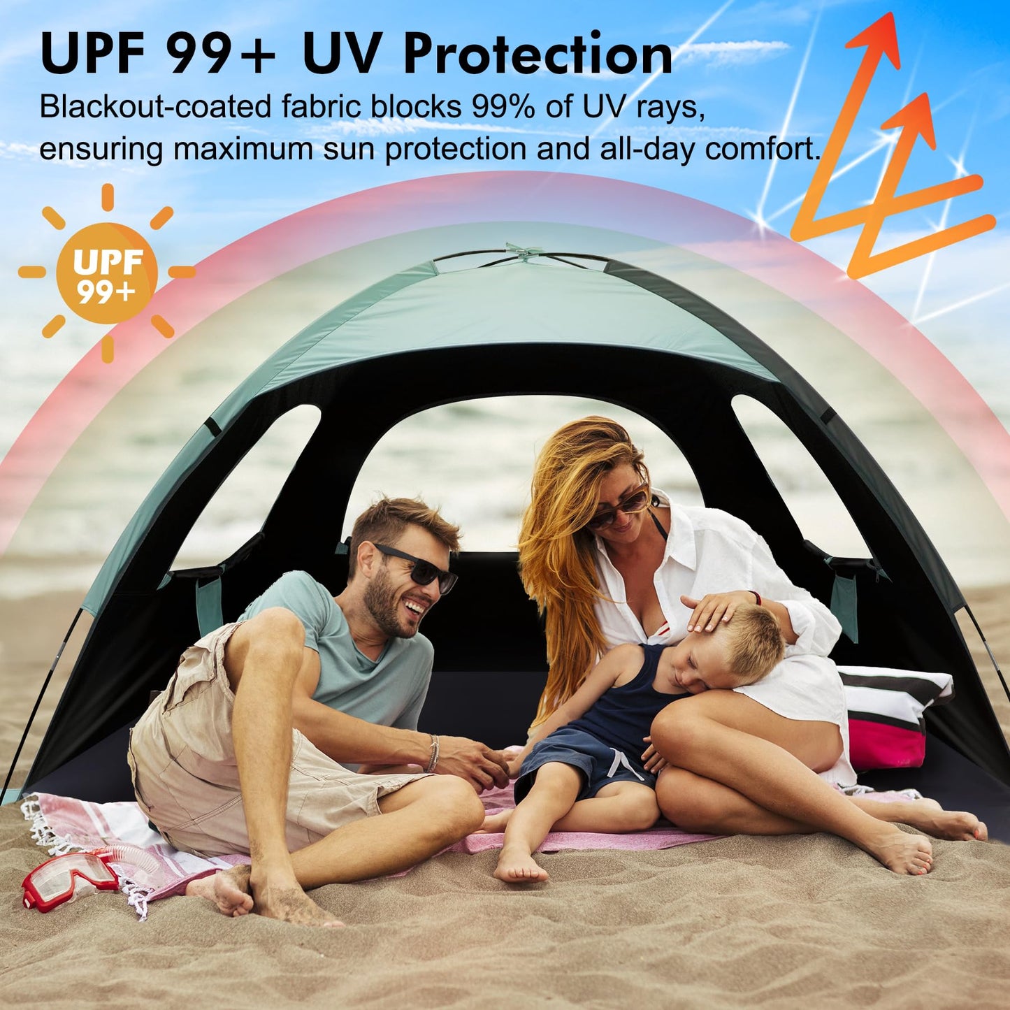 WhiteFang Beach Tent Anti-UV Portable Sun Shade Shelter for 3 Person with Blackout Shelter, Extendable Floor with 3 Ventilating Mesh Windows Plus Carrying Bag, Stakes and Guy Lines (Mint Green)
