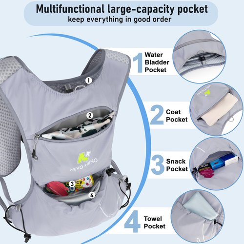 N NEVO RHINO Running Vest, Hydration Running Water Vest 5L with 1.5L Water Bladder Bag, Lightweight Hydration Pack Water Backpack Multi-Pocket for Hiking Race Trail Marathon for Women Men