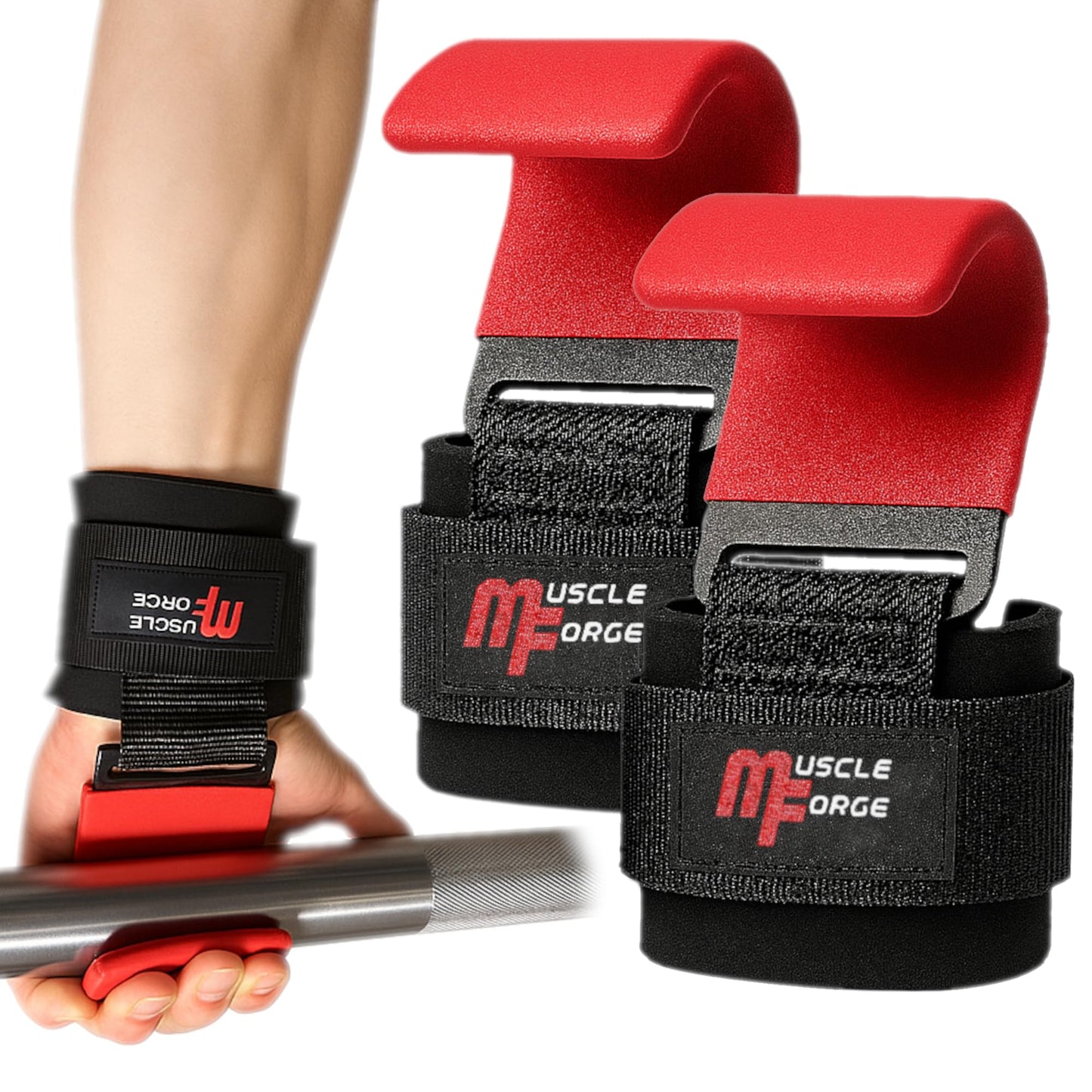 MuscleForge Weight Lifting Hooks for Men & Women - Heavy Duty Lifting Wrist Straps with Hook Grips for Weightlifting - Gym Grips for Weight Lifting, Pull Ups & Deadlift Support