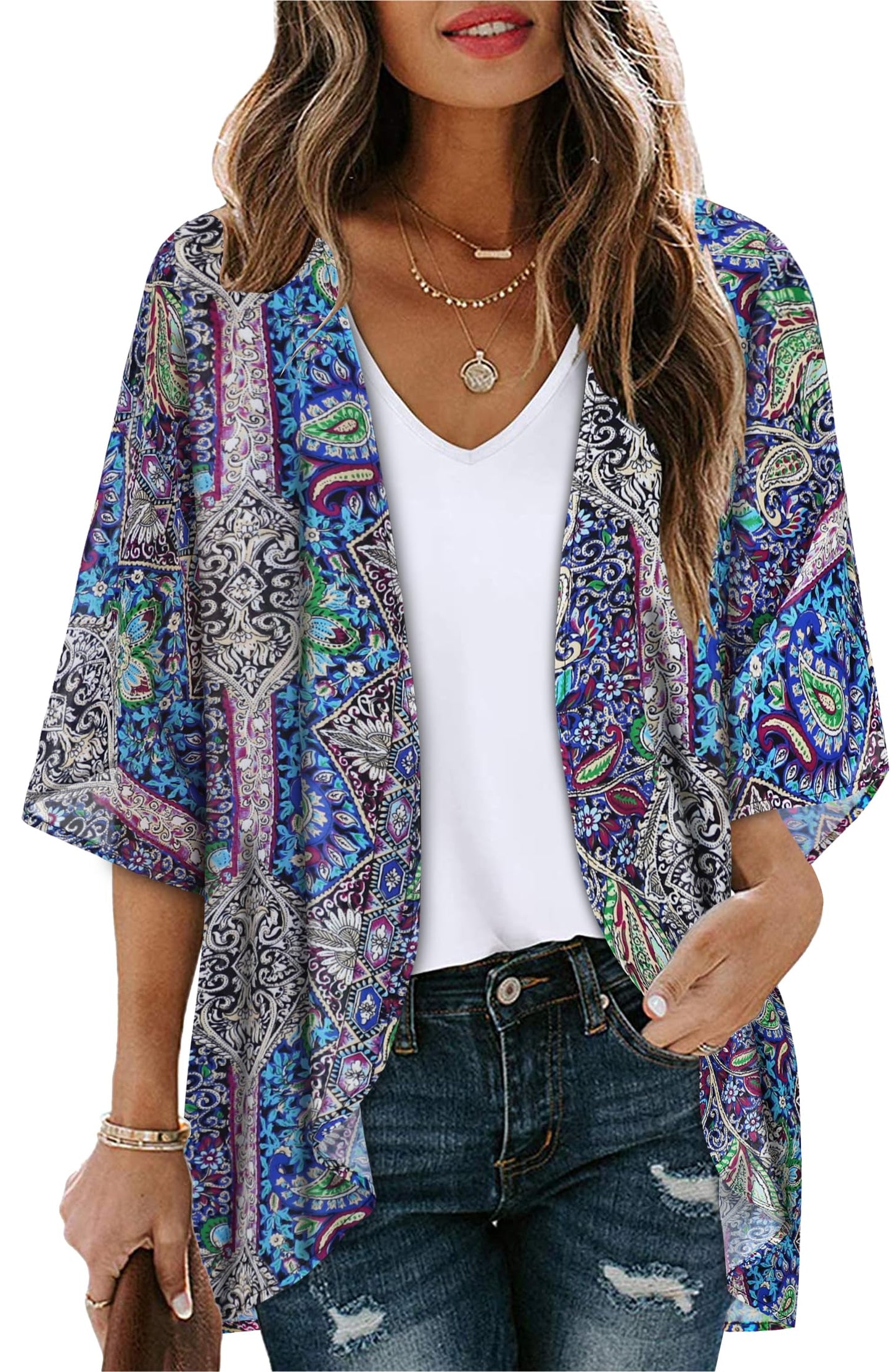 Women's Floral Kimono Print Puff Sleeve Loose Cardigan Cover Up Casual Blouse Tops (Blue Purple Bohemia Print, M)