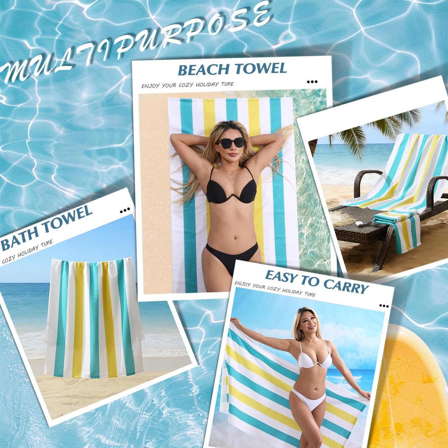 Beach Towel Set-4 Pack 30"x60" Sand Free Stripe Beach Towel for Pool,Bathroom,Soft Absorbent Quick Dry Lightweight Beach Bath Towel,Camping Blanket,Travel Towel,Beach Essentials for Adults,Teal/Yellow