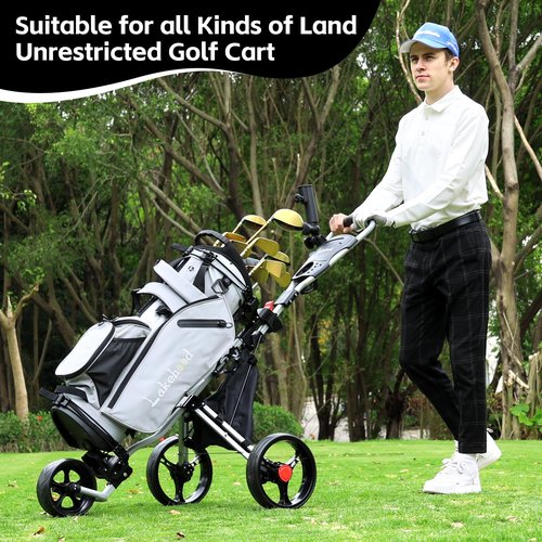 Lakehood Golf Push Cart - 3 Wheel Golf Cart for Easy Transport & Storage, Height-Adjustable Handle for All Ages, Push Golf cart - Perfect for Golf Courses & Practice Sessions (Black)