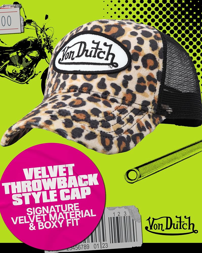 Von Dutch Velvet Trucker Hat - Curved Bill, Mesh Back, Snapback, Natural Leopard